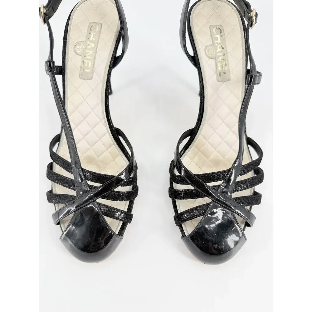 Chanel Black Patent Leather Quilted Insole Slingback Heels Pumps Size 39.5